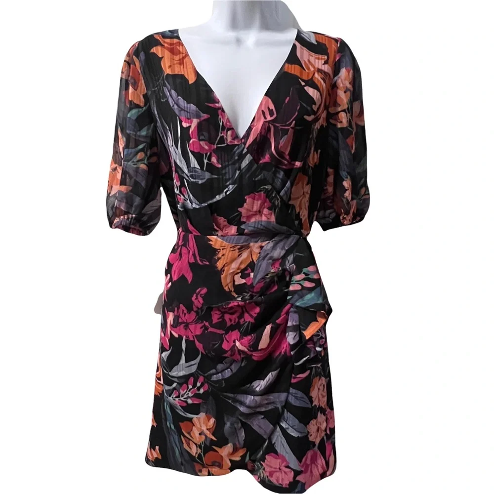 La Maison Talulah dress floral faux wrap puff sleeve open back M black tropical